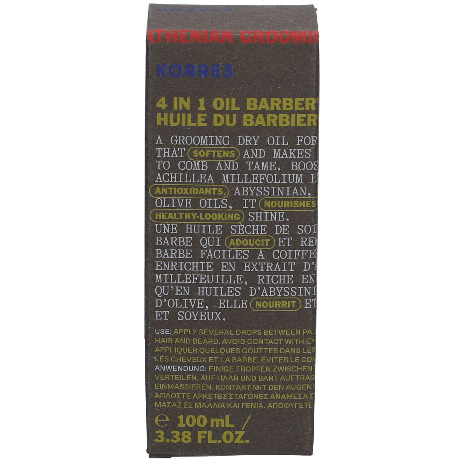 Kartonverpackung. Text: Korres 4 in 1 Öl. 100 ml. Schwarze Schrift auf braunem Hintergrund.
