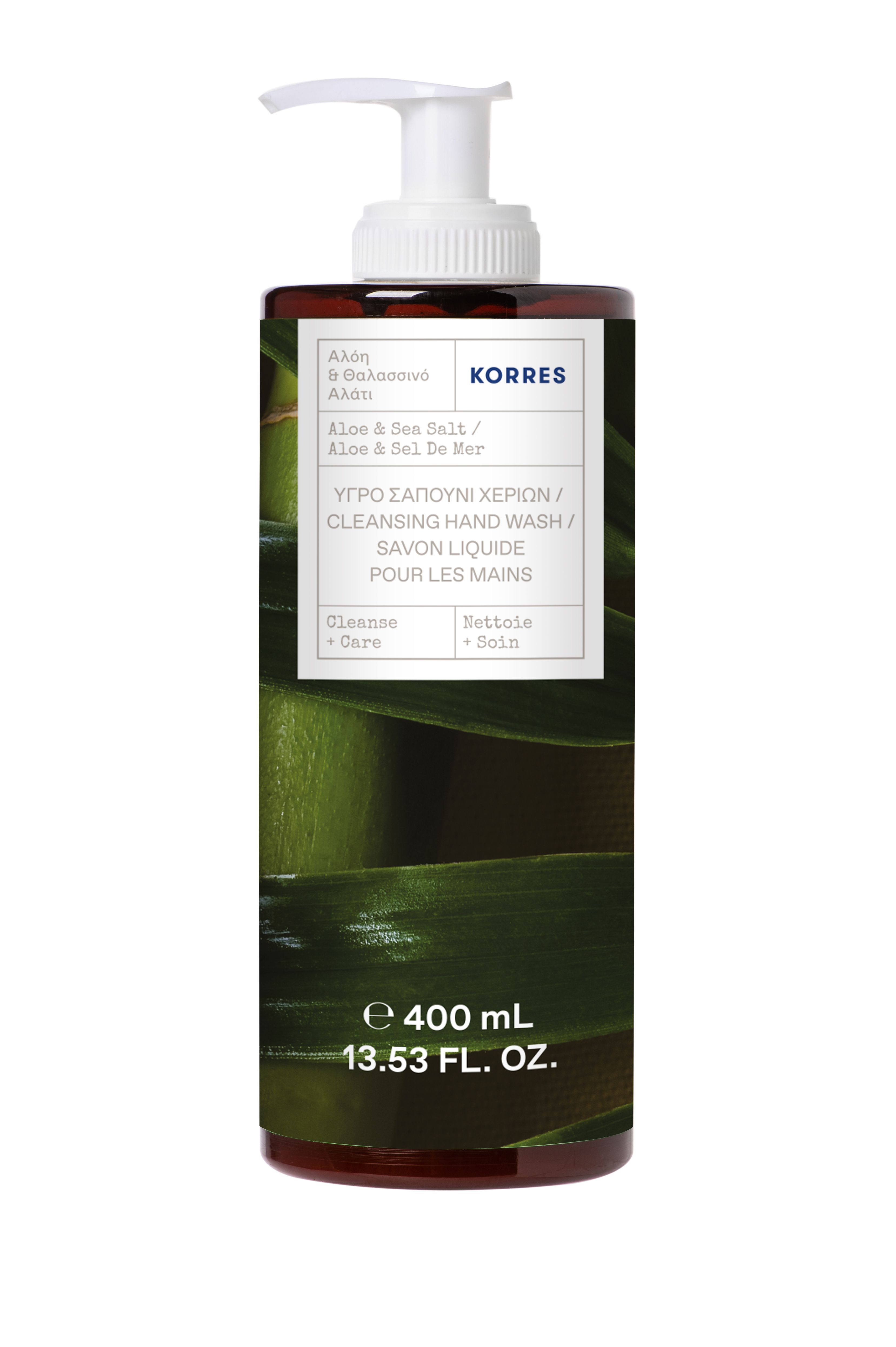 Korres savon liquide pour les mains. Flacon marron avec pompe blanche. Étiquette avec informations et logo. 400 ml.