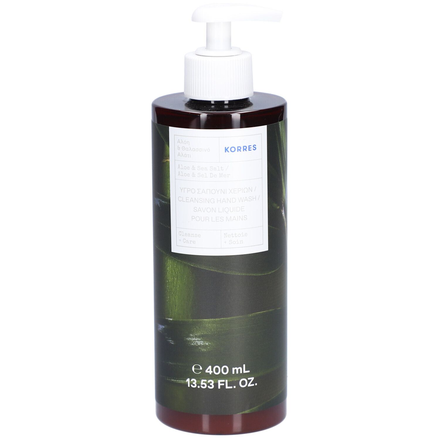 Korres savon liquide pour les mains. Flacon marron avec pompe blanche. Étiquette avec informations et logo. 400 ml.