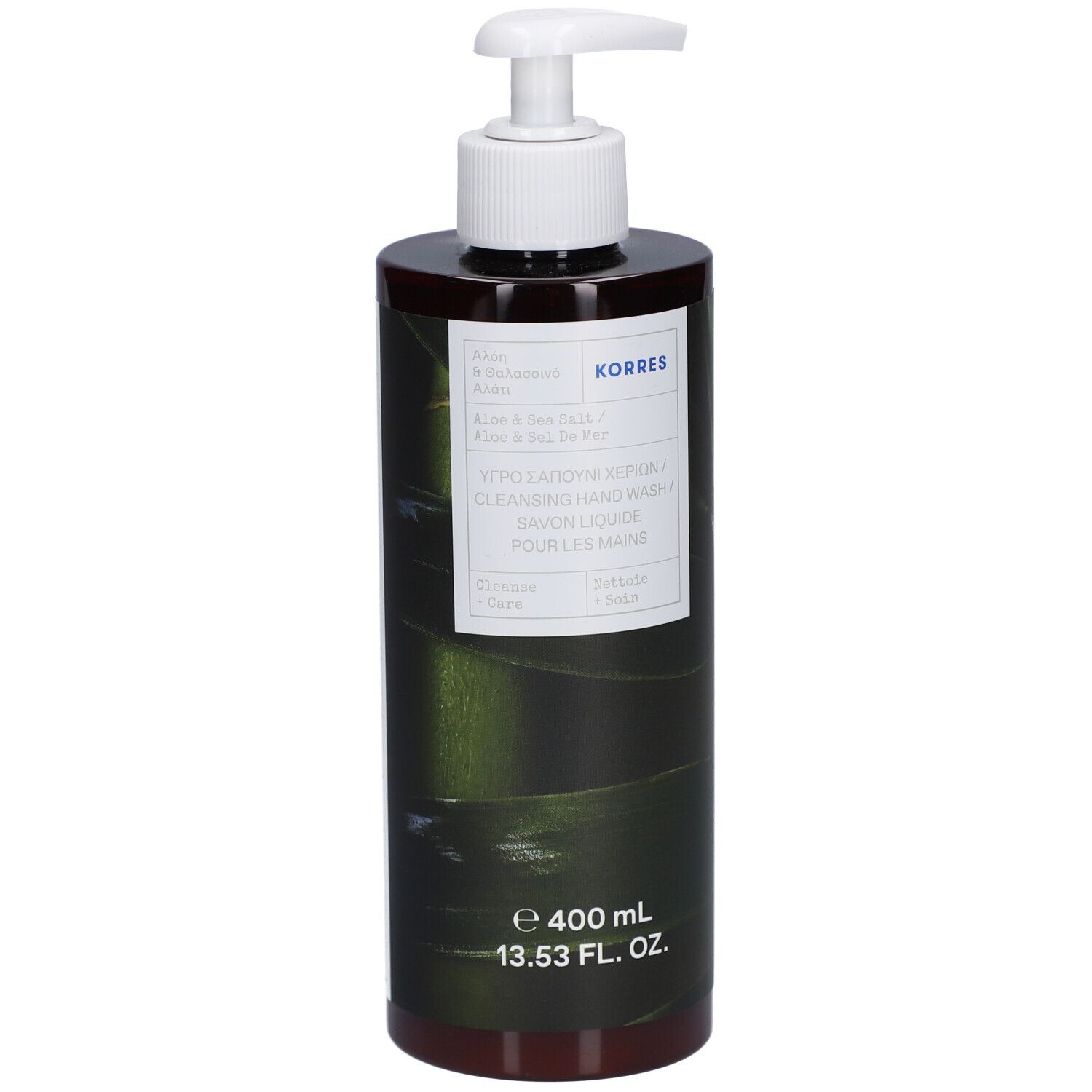 Korres savon liquide pour les mains. Flacon marron avec pompe blanche. Étiquette avec informations et logo. 400 ml.