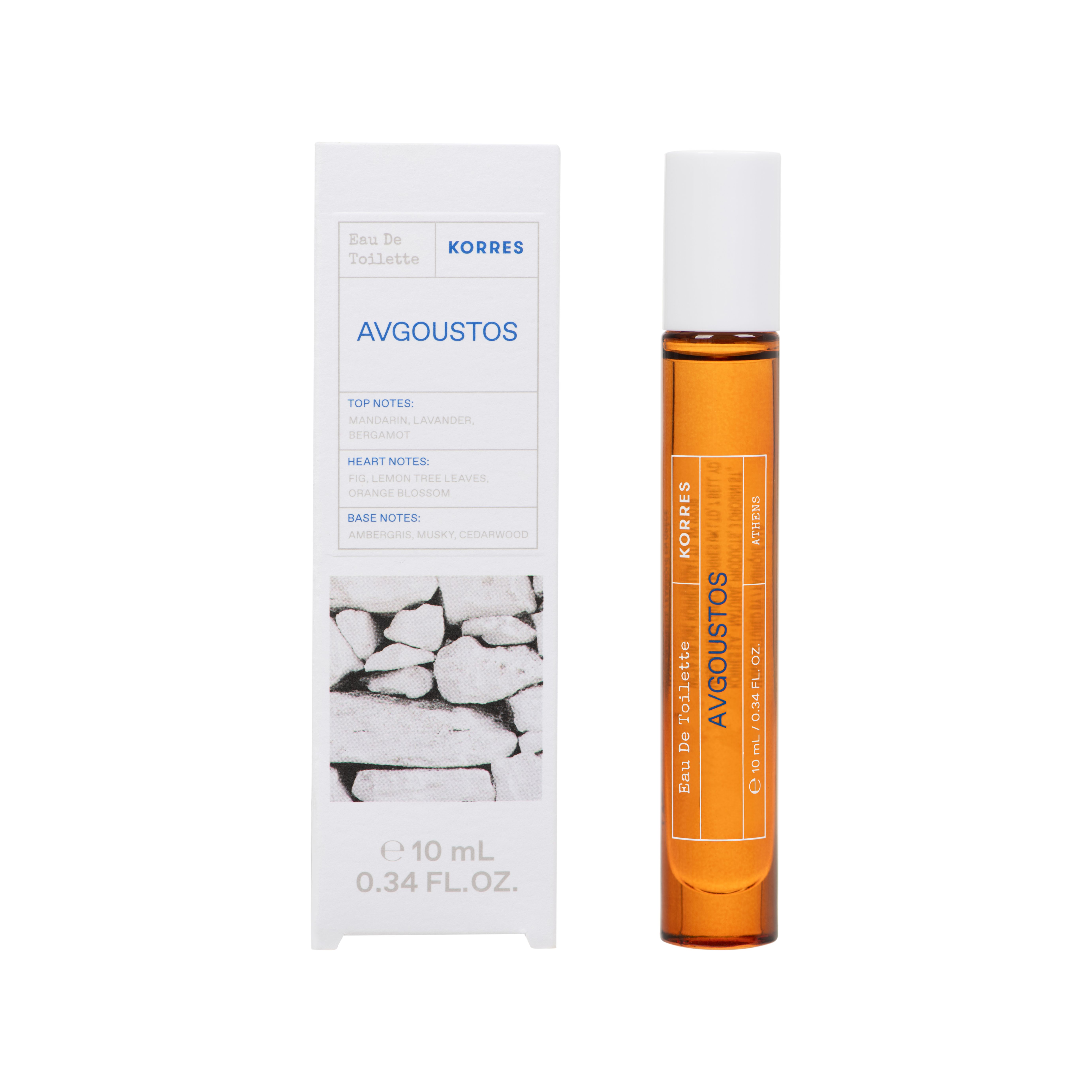 Korres Eau de Toilette Avgoustos. Bruine glazen fles met witte dop en witte verpakking. Tekst: Avgoustos, 10 ml, 0.34 FL. OZ.