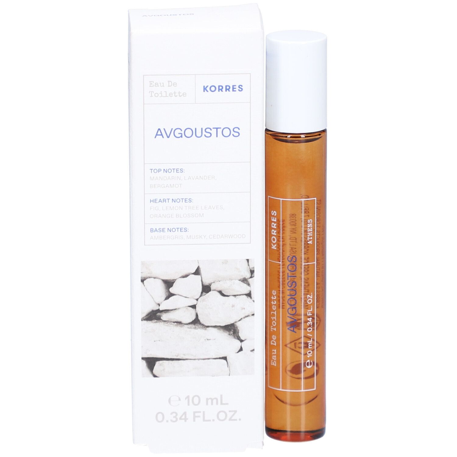 Korres Eau de Toilette Avgoustos. Bruine glazen fles met witte dop en witte verpakking. Tekst: Avgoustos, 10 ml, 0.34 FL. OZ.