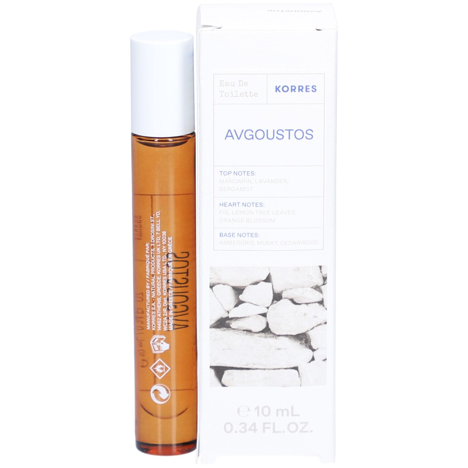 Korres Eau de Toilette Avgoustos. Bruine glazen fles met witte dop en witte verpakking. Tekst: Avgoustos, 10 ml, 0.34 FL. OZ.