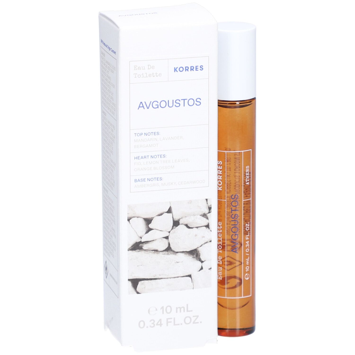 Korres Eau de Toilette Avgoustos. Bruine glazen fles met witte dop en witte verpakking. Tekst: Avgoustos, 10 ml, 0.34 FL. OZ.