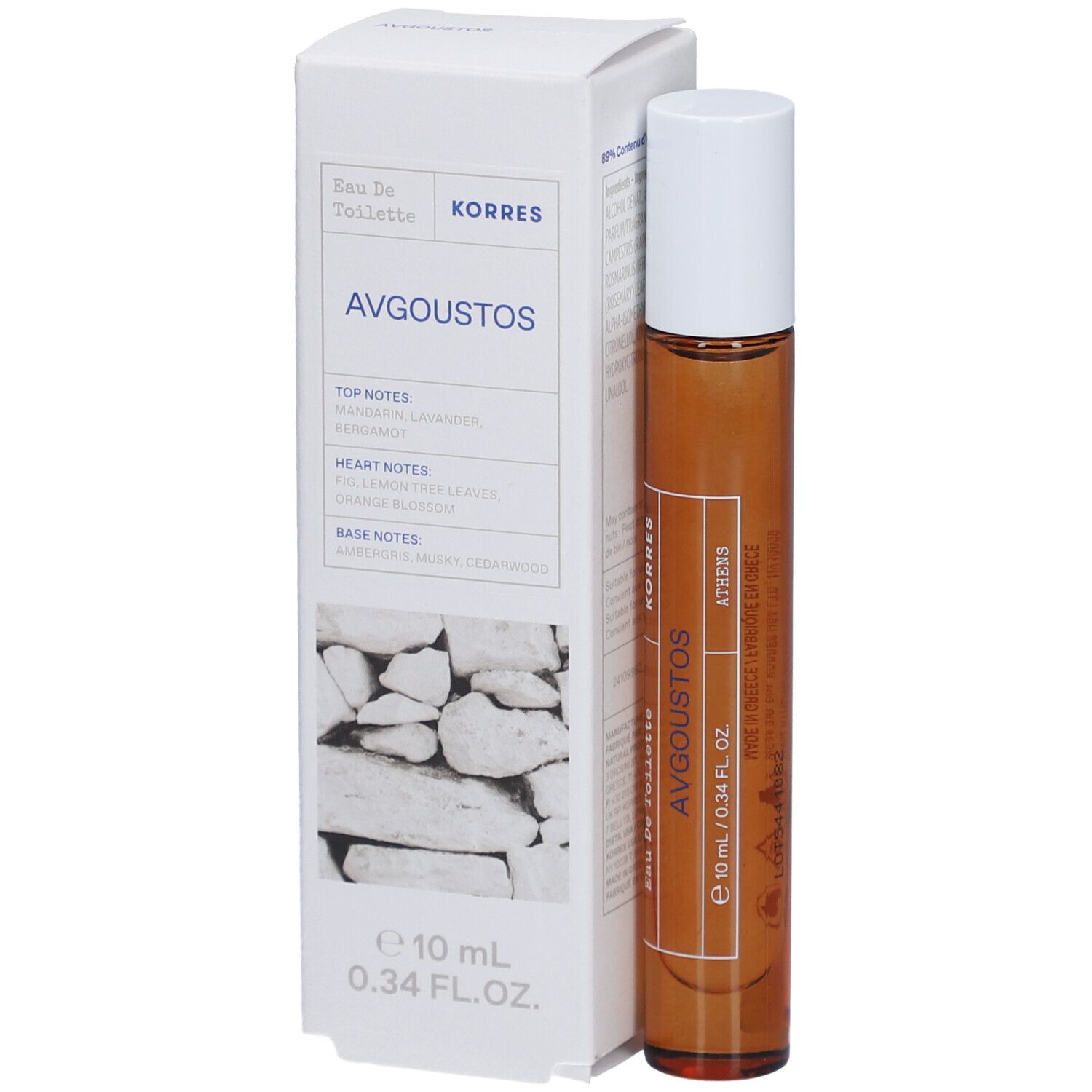 Korres Eau de Toilette Avgoustos. Bruine glazen fles met witte dop en witte verpakking. Tekst: Avgoustos, 10 ml, 0.34 FL. OZ.