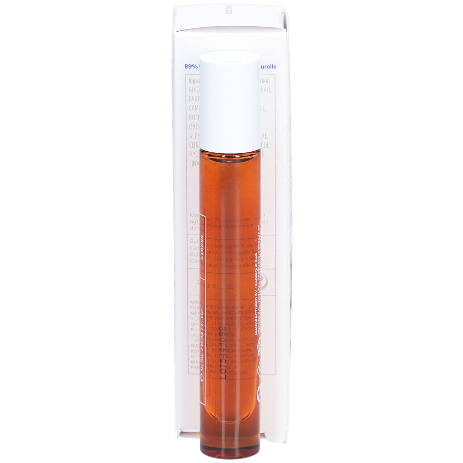 Witte verpakking met bruine glazen fles en witte dop. Tekst: Korres, Avgoustos, 10 ml, 0.34 FL. OZ. Achterkant met tekst.