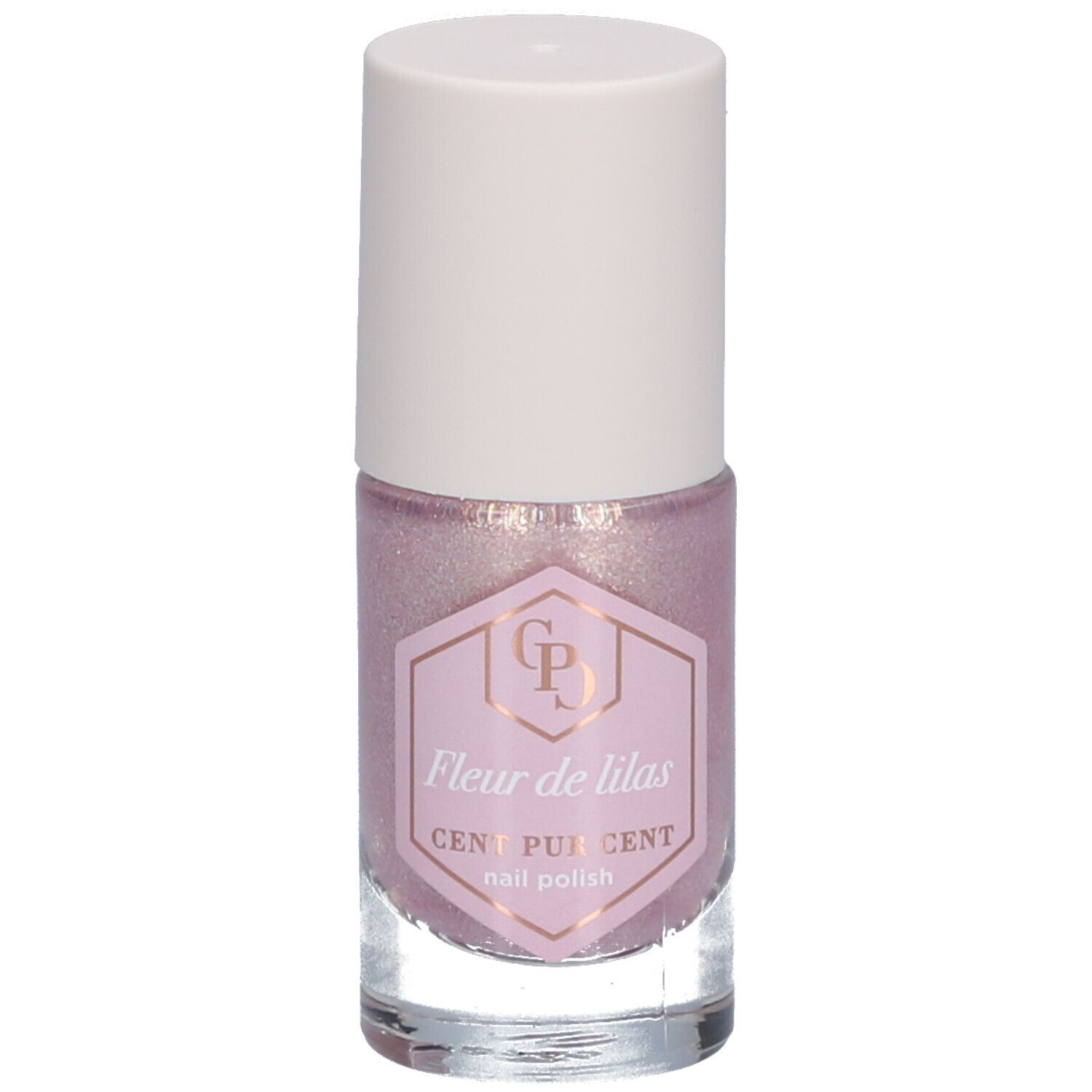 Flacon de vernis à ongles rose et bouchon blanc. L'étiquette indique "Fleur de lilas".