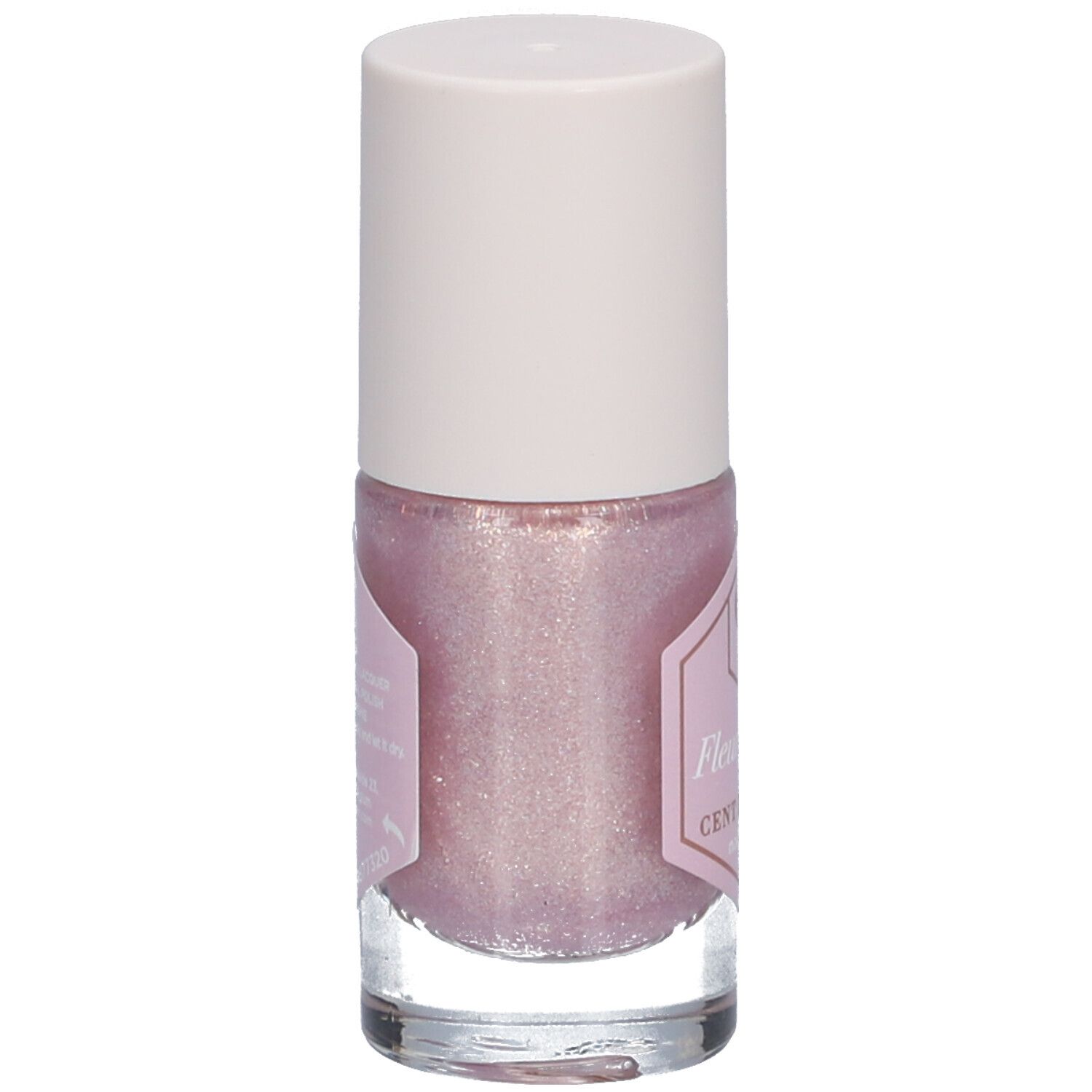 Flacon de vernis à ongles rose et bouchon blanc. Étiquette avec texte.