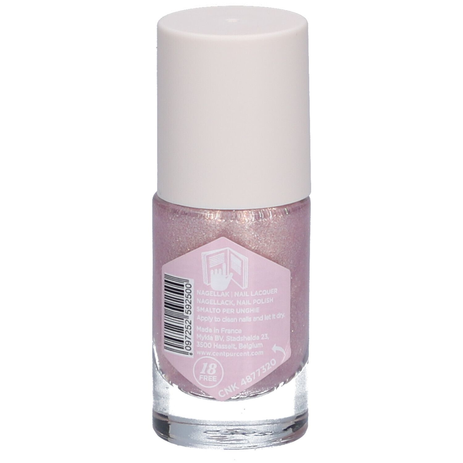 Dos d'un flacon de vernis à ongles rose et bouchon blanc. Code-barres et texte.