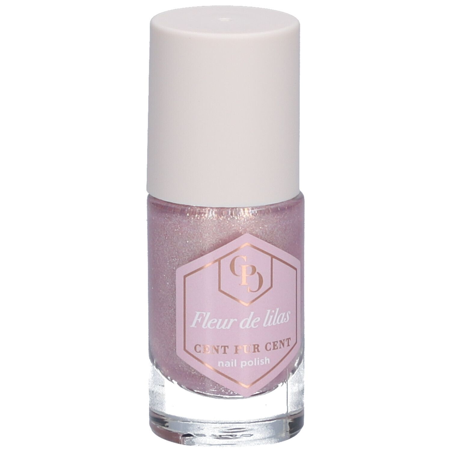 Flacon de vernis à ongles rose et bouchon blanc. L'étiquette indique "Fleur de lilas".