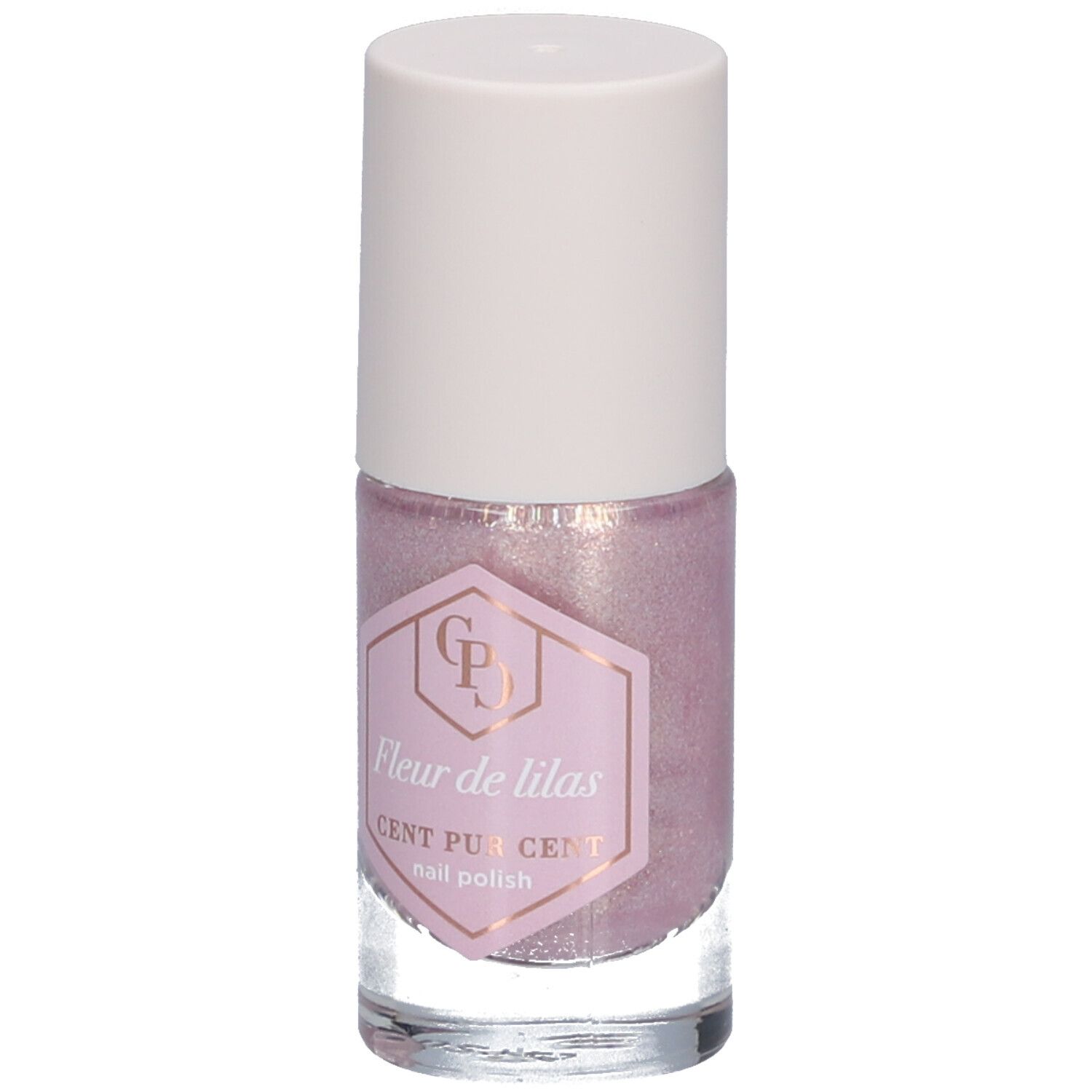 Flacon de vernis à ongles rose et bouchon blanc. L'étiquette indique "Fleur de lilas".