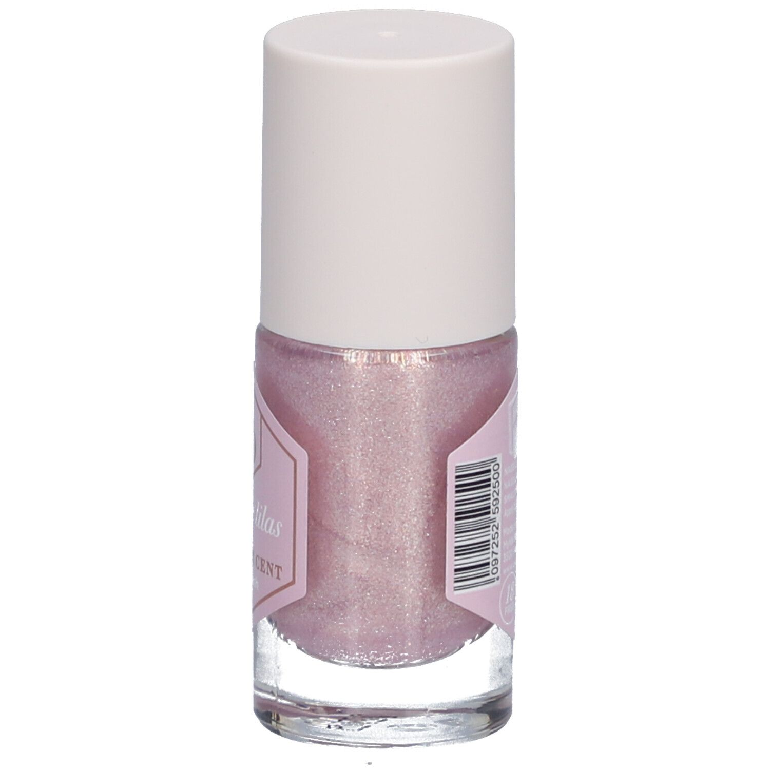 Dos d'un flacon de vernis à ongles rose et bouchon blanc. Code-barres et texte.