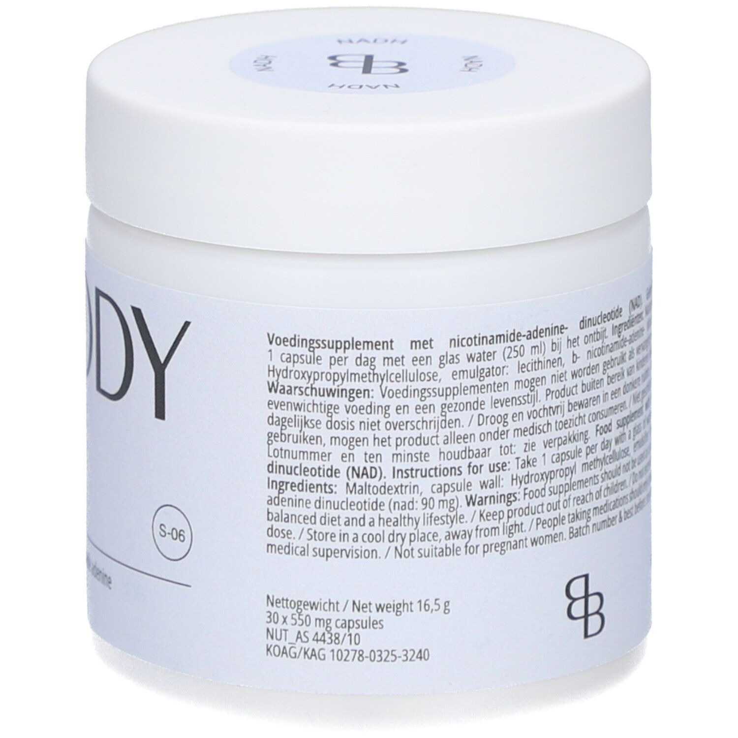 Witte pot met deksel. Opschrift BODY, NADH. Bevat informatie over ingrediënten, dosering en waarschuwingen.