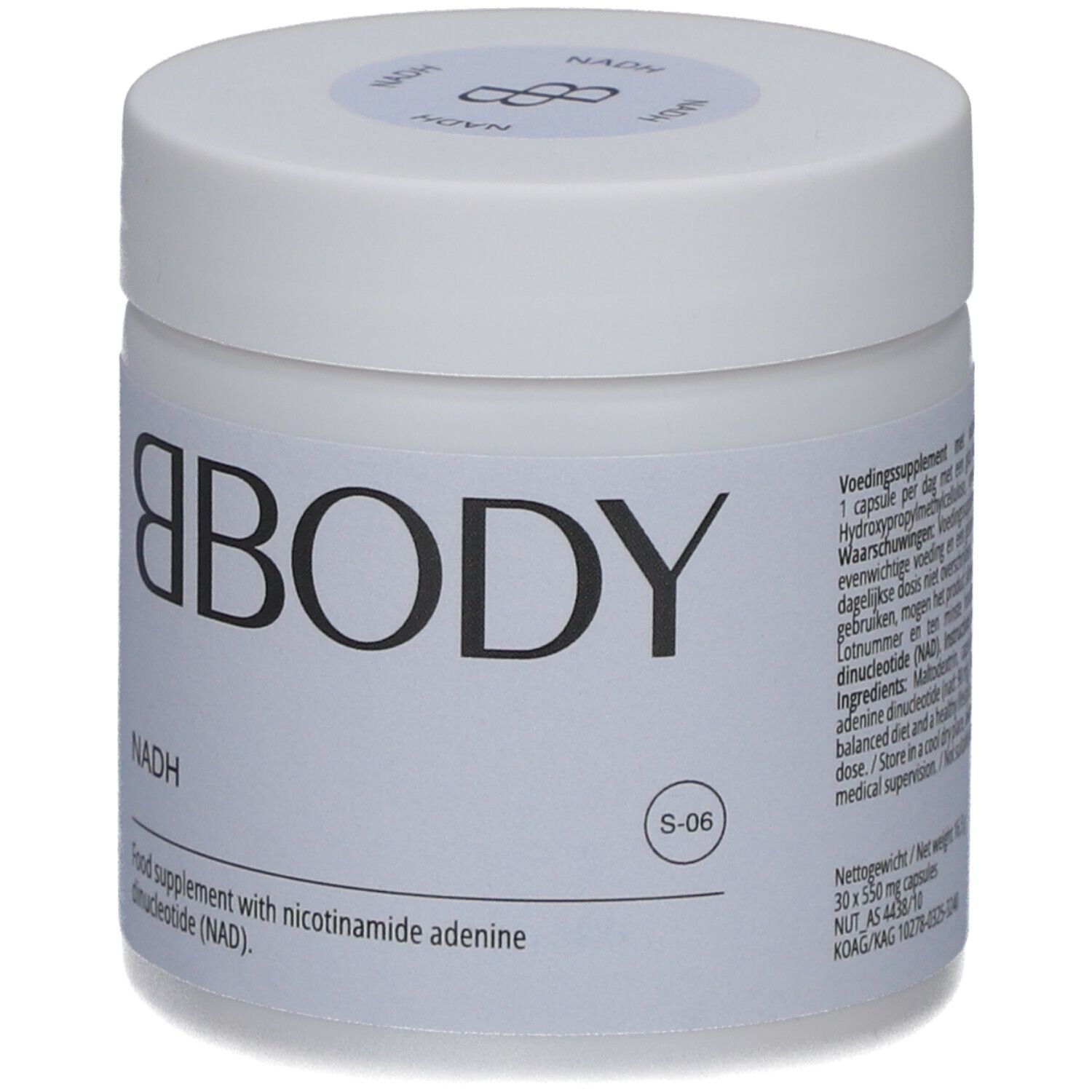 Witte pot met deksel. Opschrift BODY, NADH. Bevat informatie over ingrediënten, dosering en waarschuwingen.