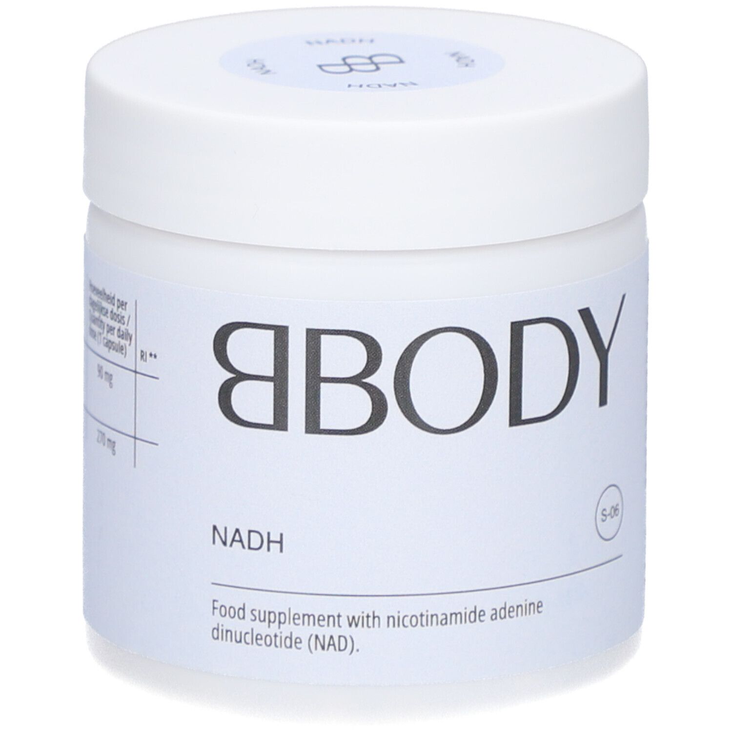 Witte pot met deksel. Opschrift BODY, NADH. Voedingssupplement met nicotinamide adenine dinucleotide.