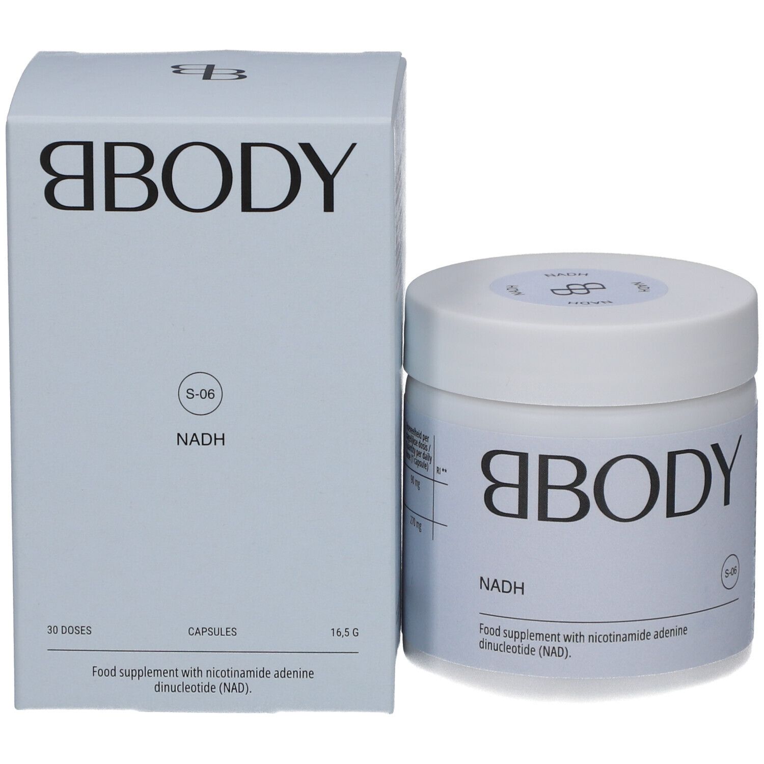 Productverpakking: pot en doos. Opschrift BODY, NADH. 30 capsules, 16,5 g. Voedingssupplement.