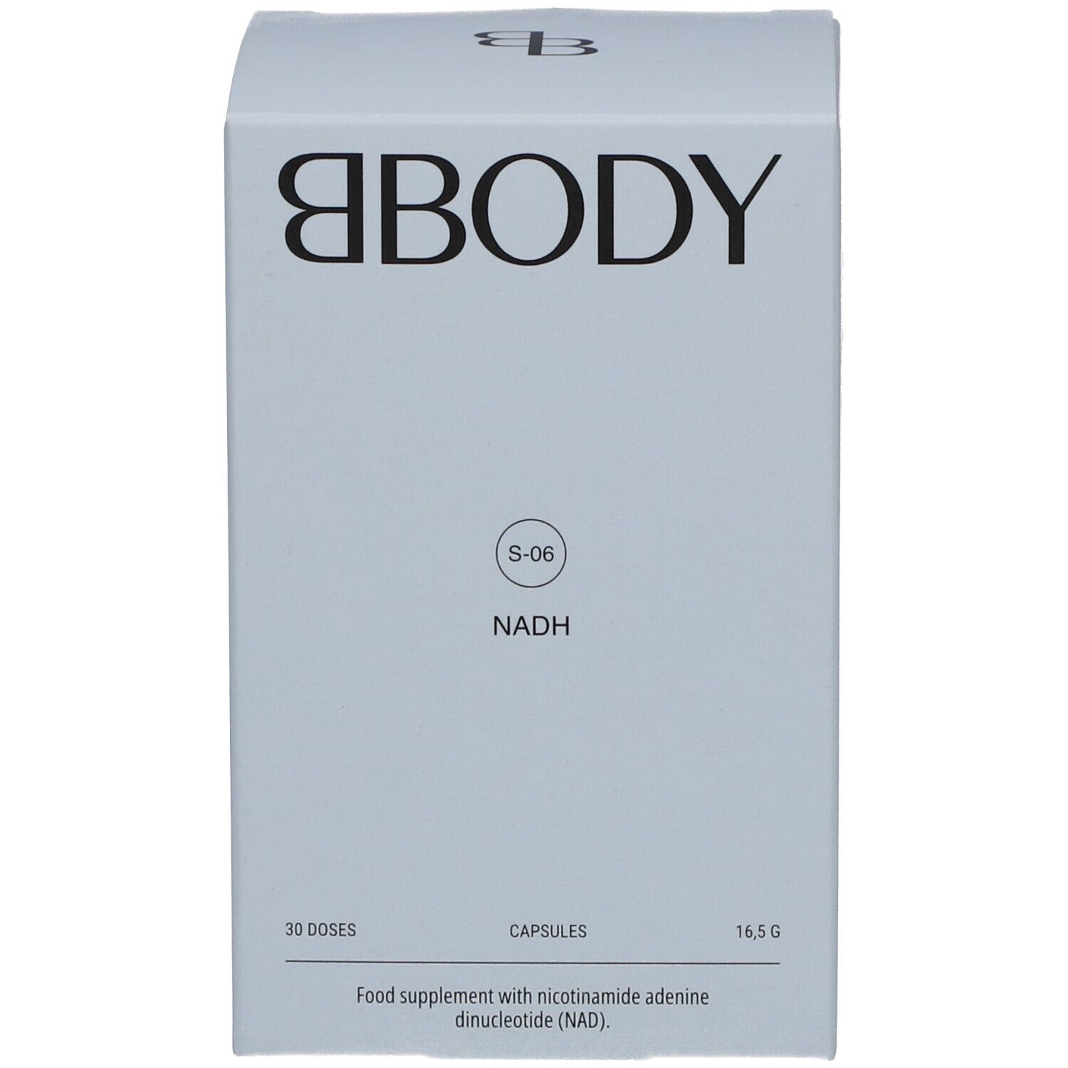 Productverpakking: doos. Opschrift BODY, NADH. 30 capsules, 16,5 g. Voedingssupplement.