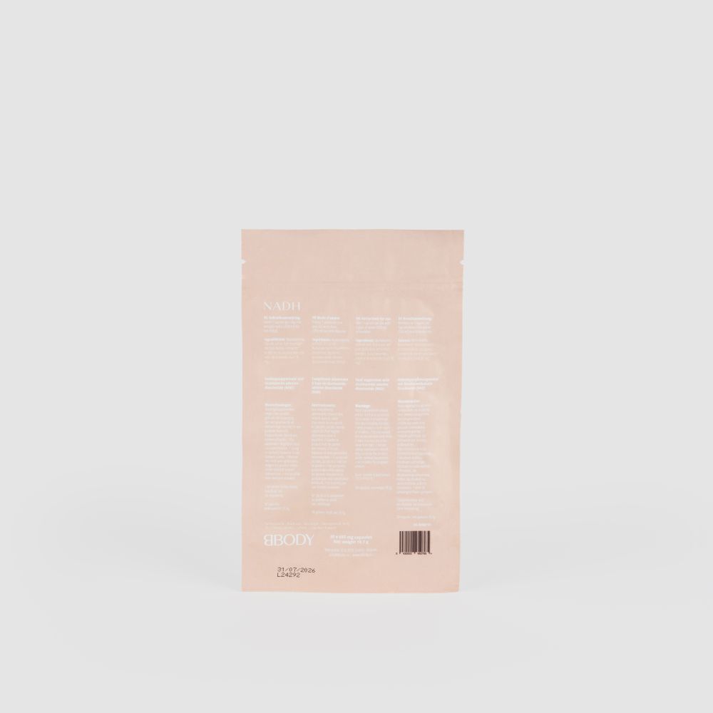 Sachet avec inscription BODY, NADH. Verso avec texte, ingrédients, mode d'emploi et fabricant.