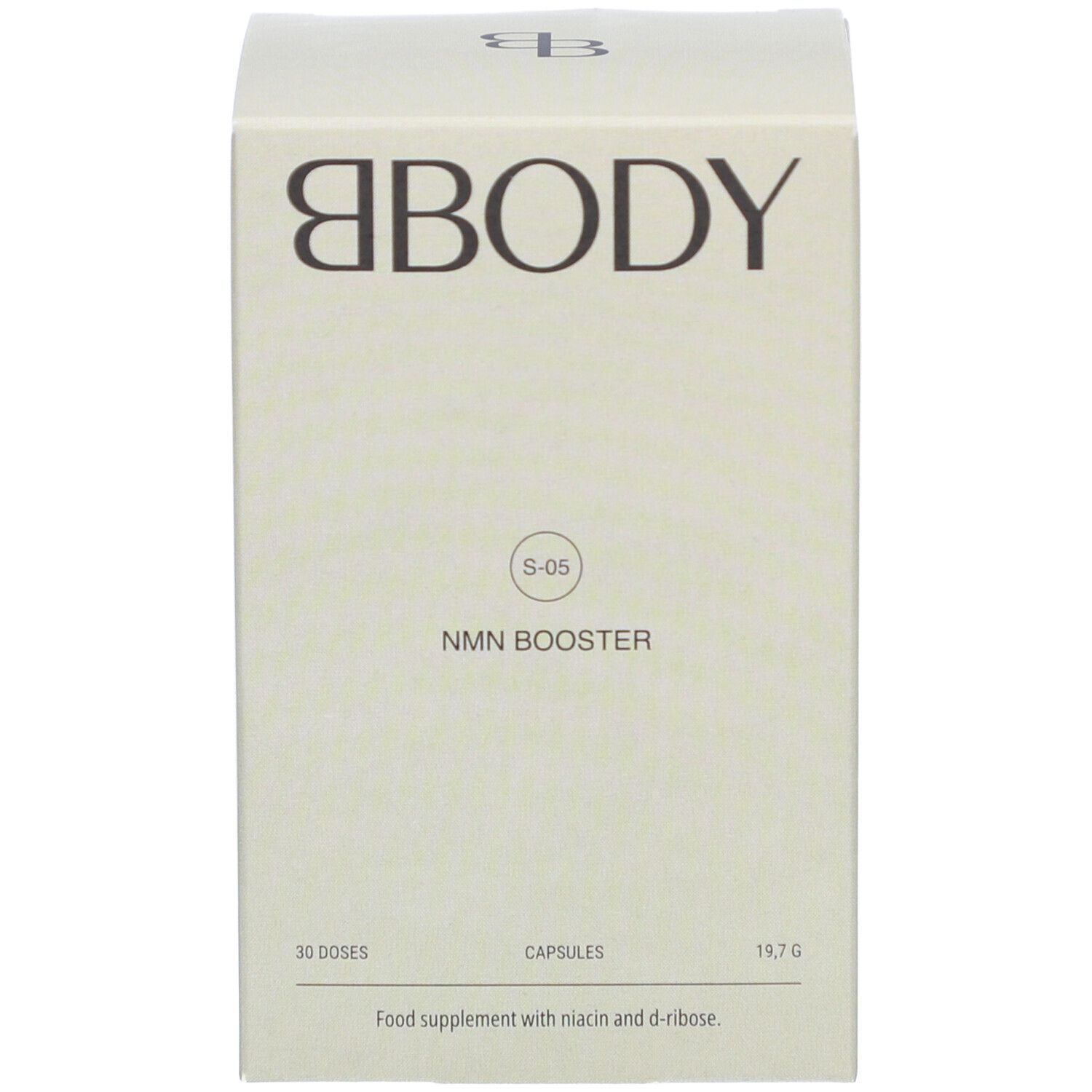 Karton mit Aufschrift: BBODY, NMN Booster. 30 Dosen, 19,7g. Nahrungsergänzungsmittel mit Niacin und D-Ribose.
