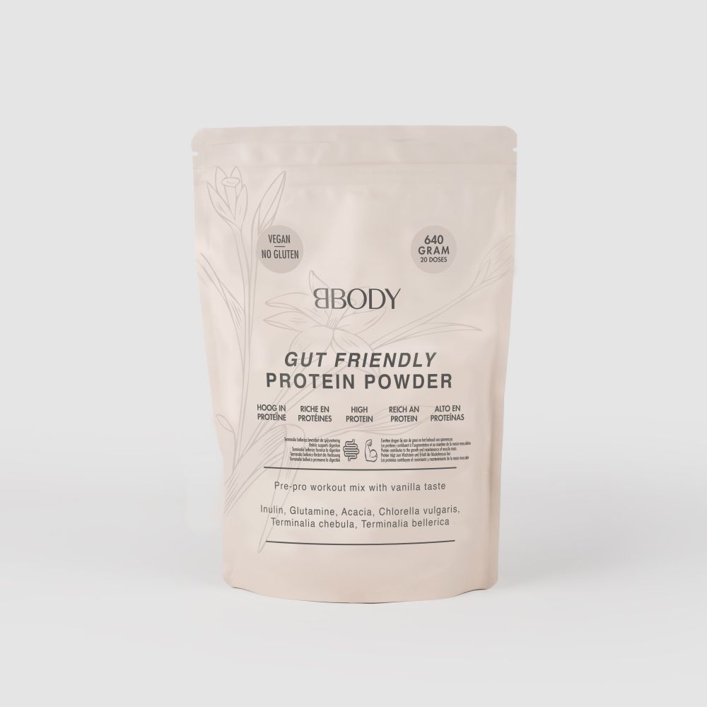 Sachet de BBODY Gut Friendly Protein Powder. Vegan, sans gluten. 640g, 20 portions. Texte: Gut Friendly Protein Powder.