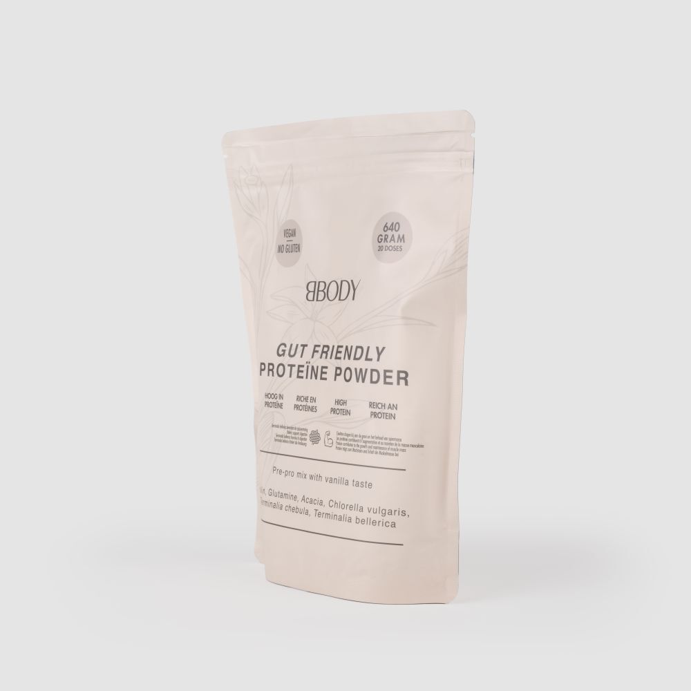 Sachet de BBODY Gut Friendly Proteine Powder. Vegan, sans gluten. 640g, 20 portions. Texte: Gut Friendly Proteine Powder.