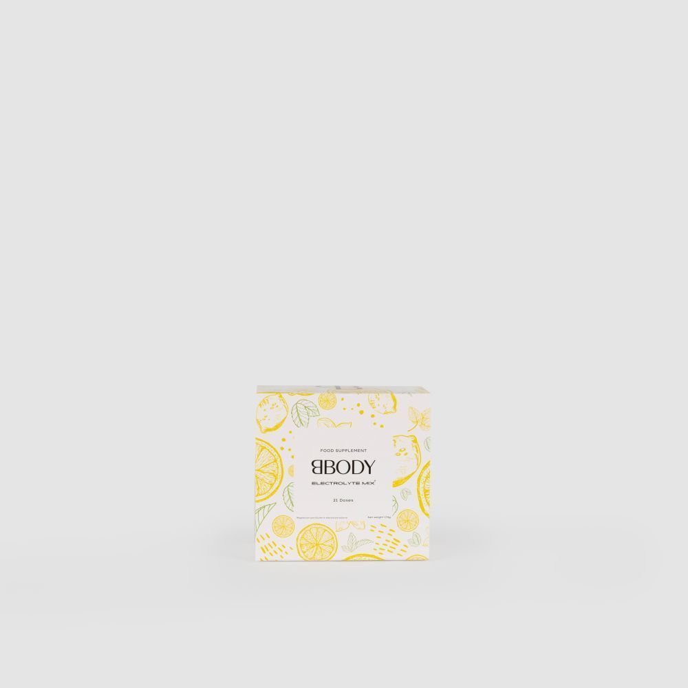 Doos BBODY Electrolyte Mix. Geel-wit ontwerp met citroen- en bladmotieven. Product in beeld.