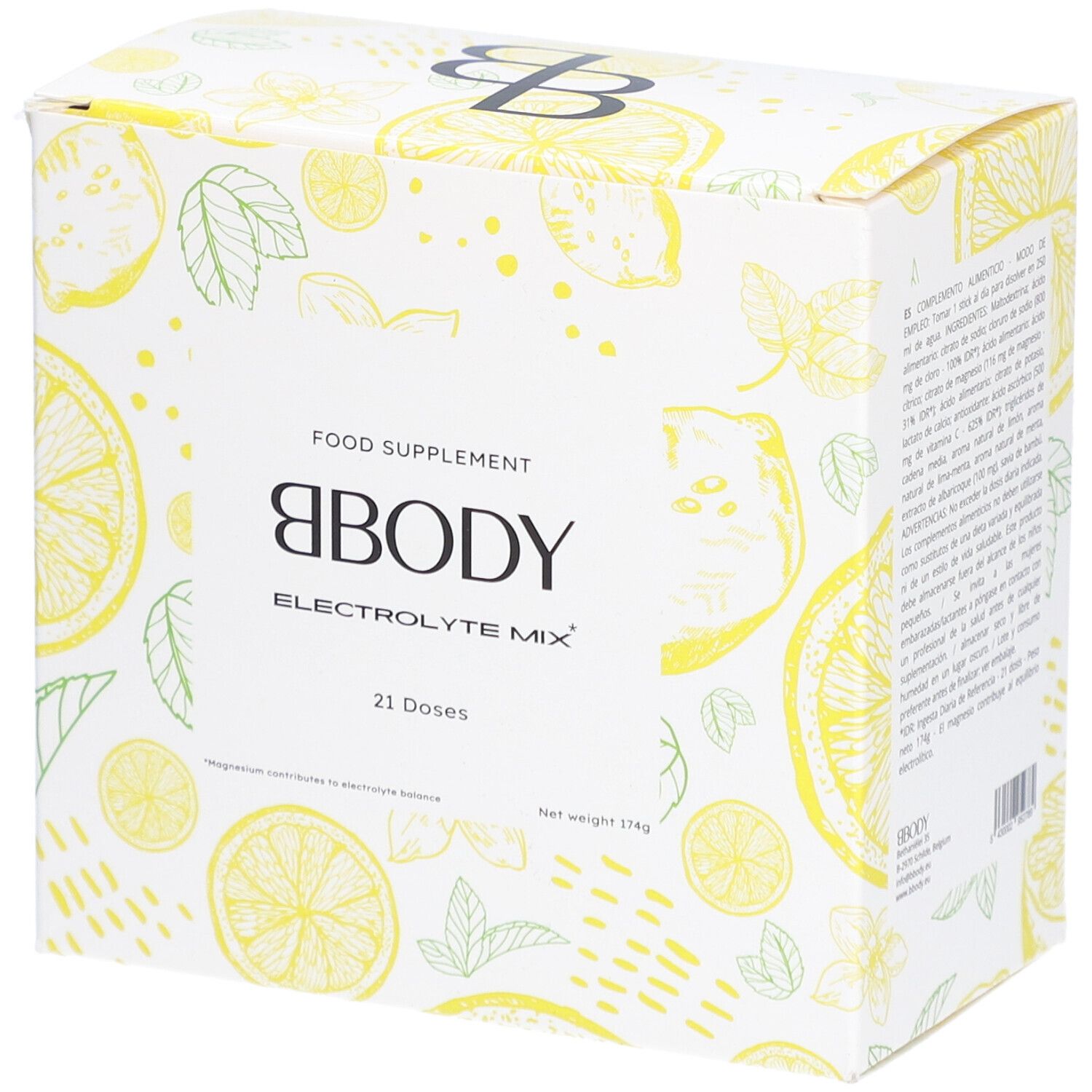 Doos BBODY Electrolyte Mix. Geel-wit ontwerp met citroen- en bladmotieven. 21 doseringen. Netto gewicht 174g.