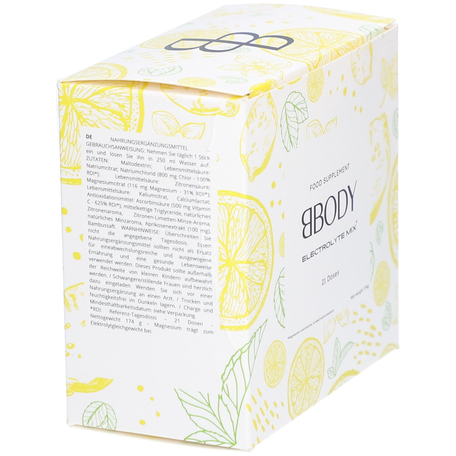 Doos BBODY Electrolyte Mix. Geel-wit ontwerp met citroen- en bladmotieven. Tekst in het Duits. 21 doseringen.