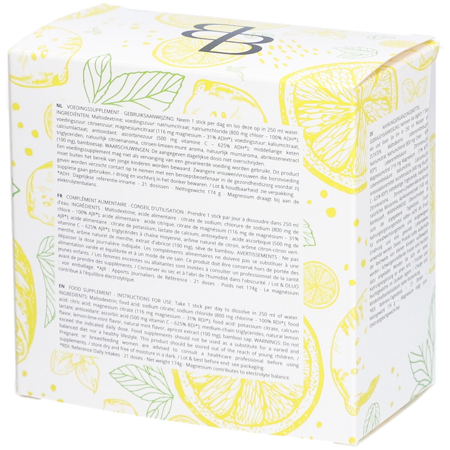 Doos BBODY Electrolyte Mix. Geel-wit ontwerp met citroen- en bladmotieven. Tekst in het Nederlands. 21 doseringen.
