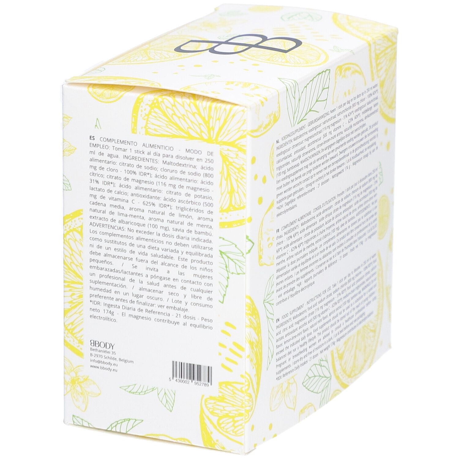 Doos BBODY Electrolyte Mix. Geel-wit ontwerp met citroen- en bladmotieven. Tekst in het Spaans. 21 doseringen.