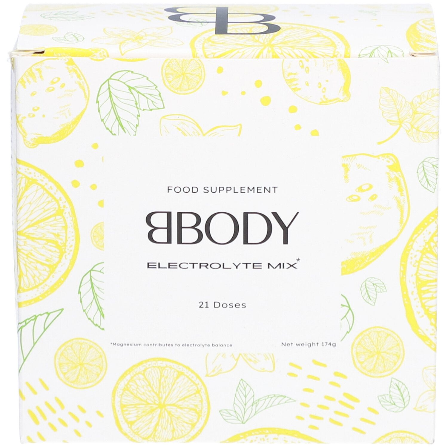Doos BBODY Electrolyte Mix. Geel-wit ontwerp met citroen- en bladmotieven. 21 doseringen. Netto gewicht 174g.