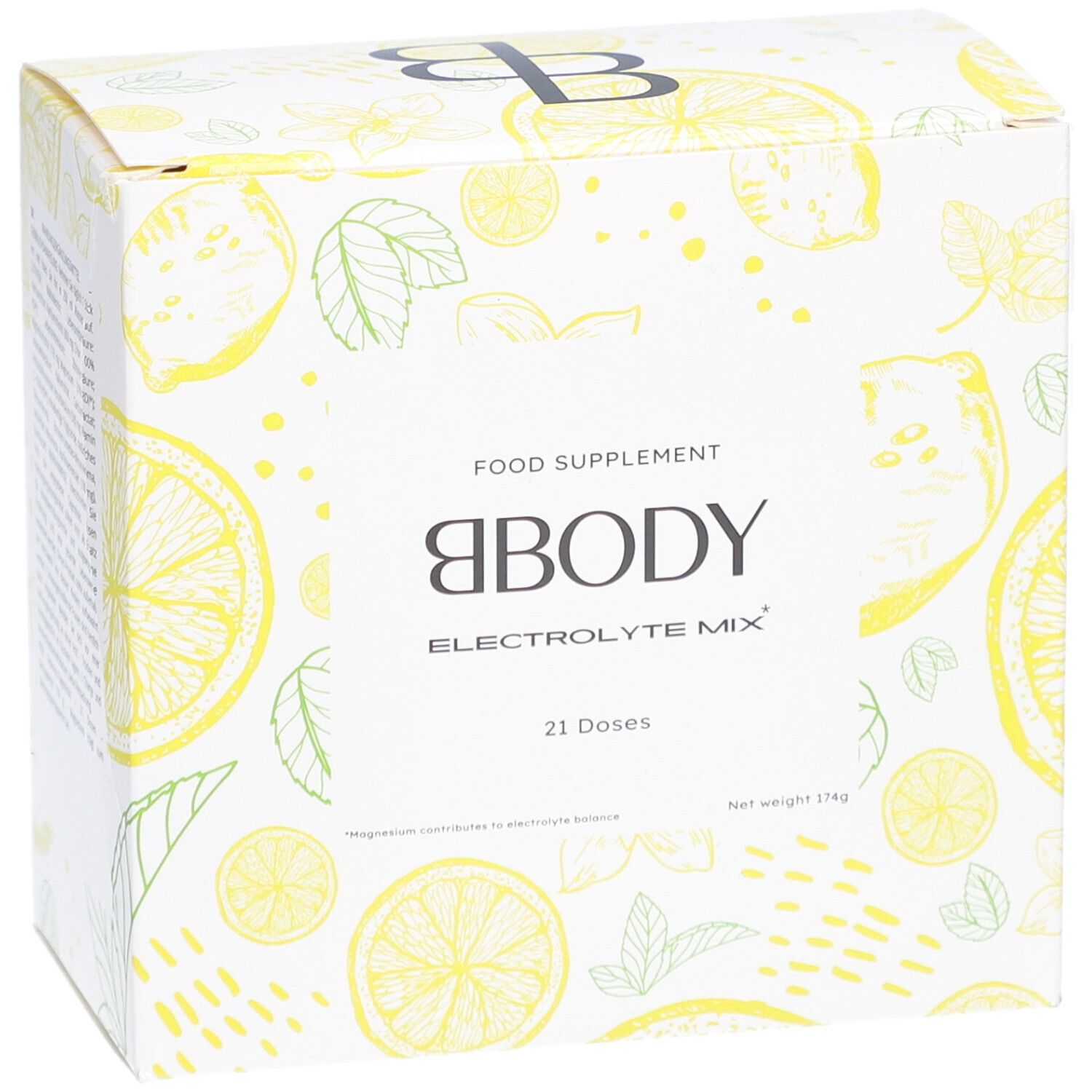 Doos BBODY Electrolyte Mix. Geel-wit ontwerp met citroen- en bladmotieven. 21 doseringen. Netto gewicht 174g.