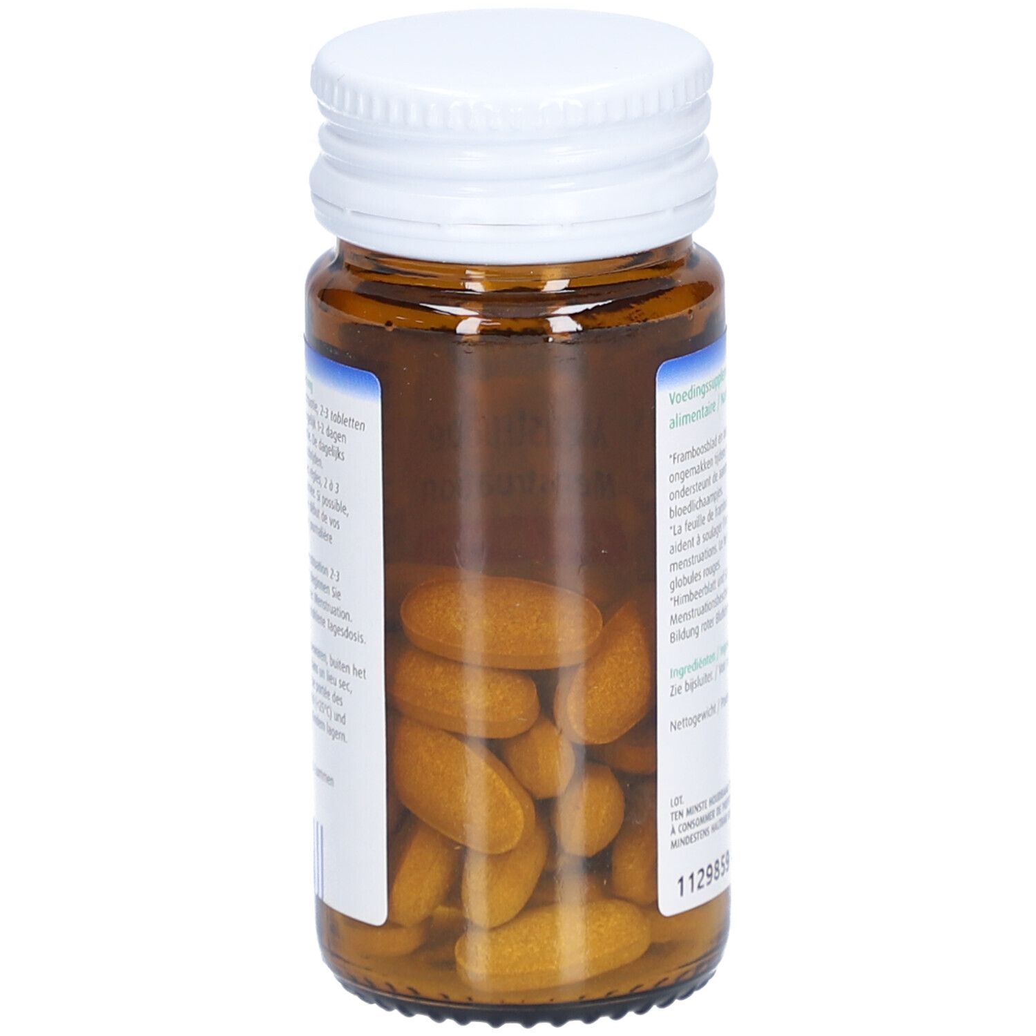 Bruine glazen fles met witte tabletten. De inhoud is zichtbaar. Witte dop.