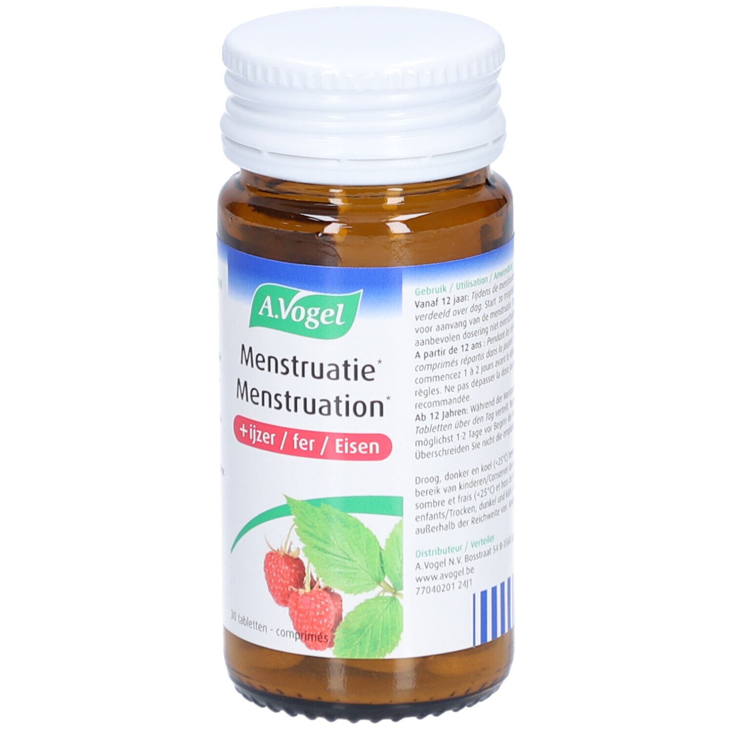 Bruine glazen fles met witte dop. Etiket met A. Vogel, Menstruatie, frambozen en bladeren. Bevat ijzer.