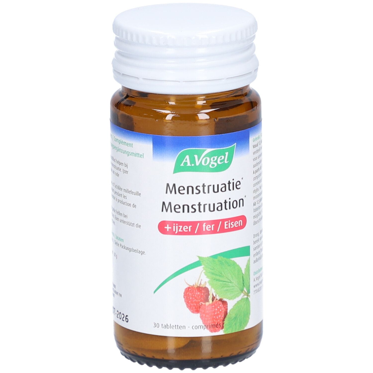 Bruine glazen fles met witte dop. Etiket met A. Vogel, Menstruatie, frambozen en bladeren. Bevat ijzer.