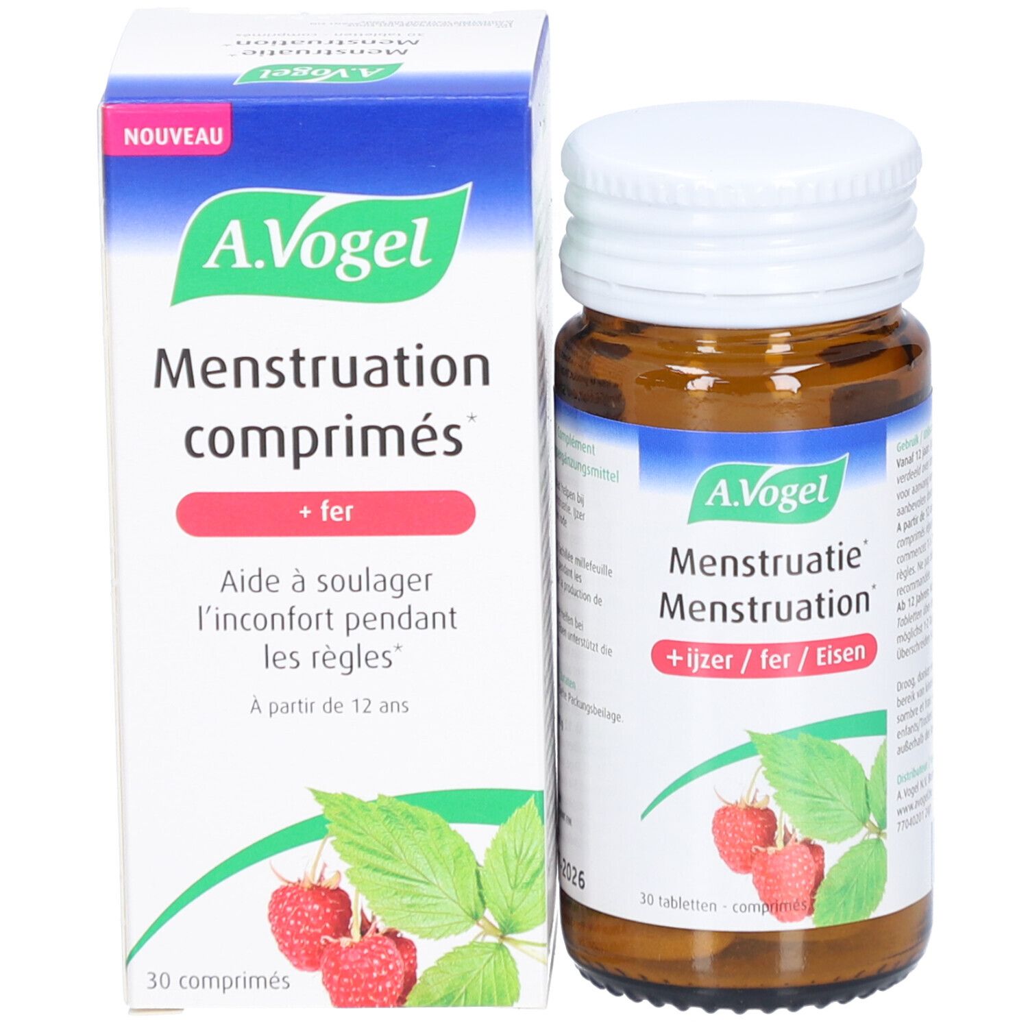 Productverpakking met fles en doos. A. Vogel, Menstruation comprimés, + fer. 30 tabletten.