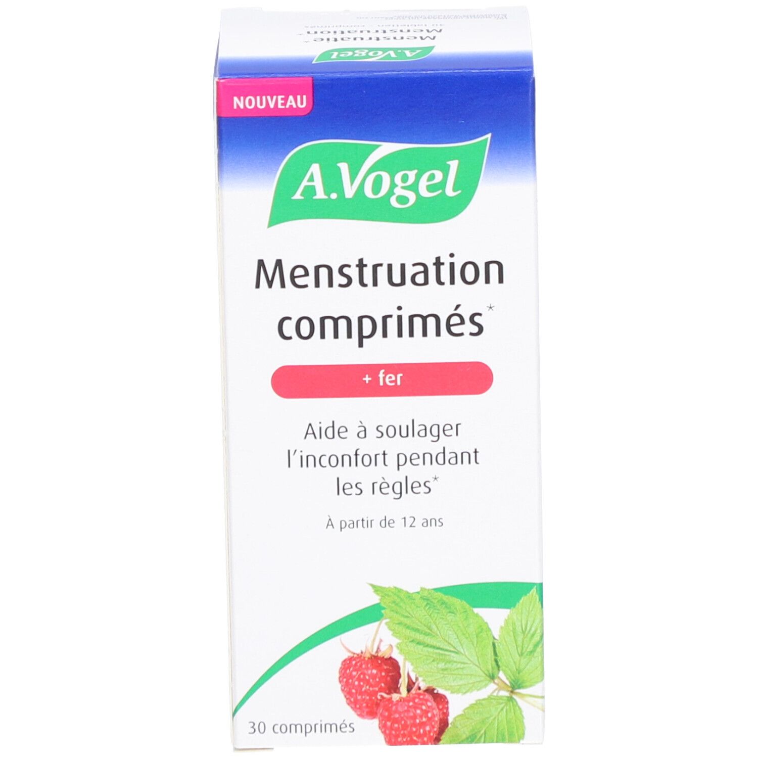Productverpakking. A. Vogel, Menstruation comprimés, + fer. 30 tabletten. Met frambozen en bladeren.