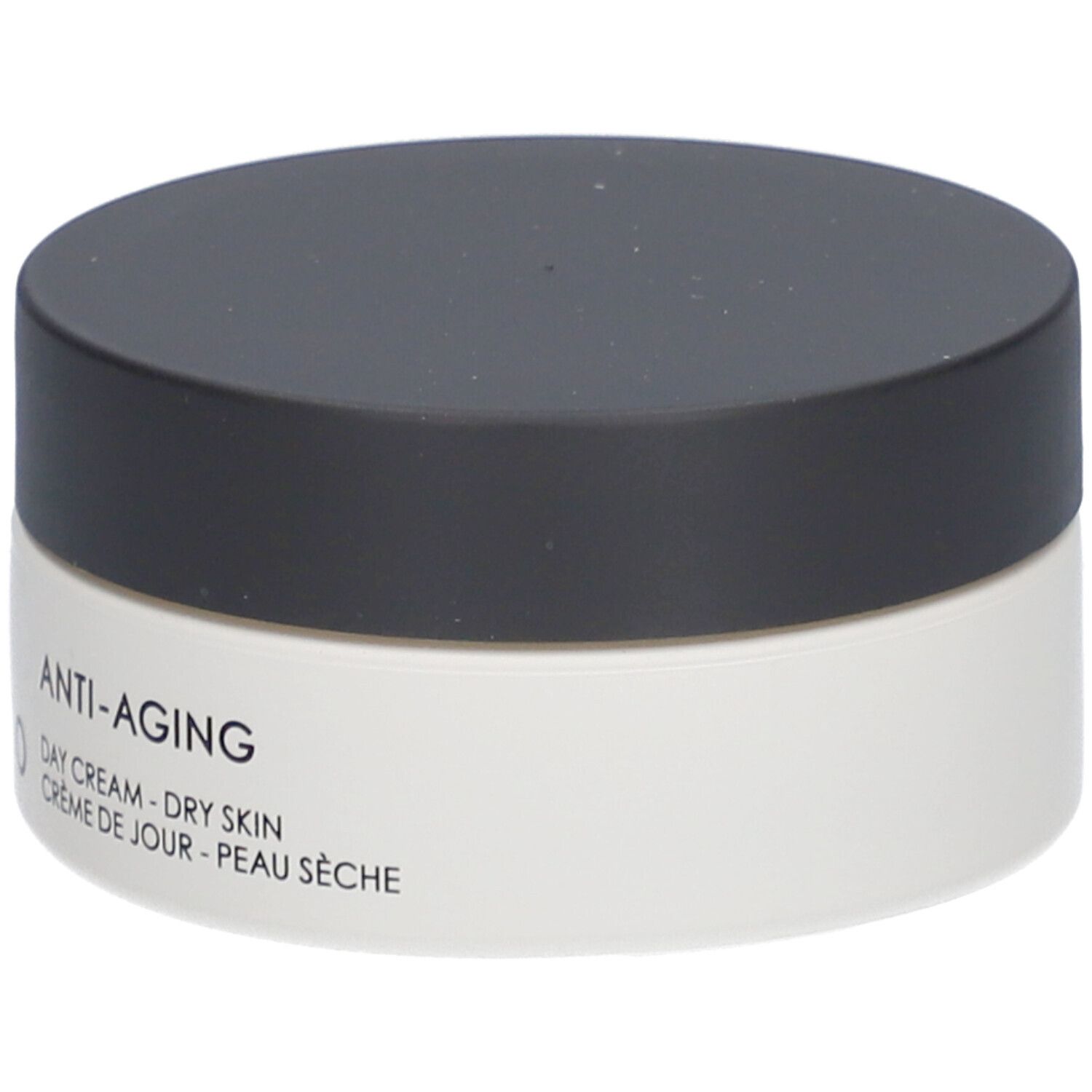 Cremebehälter mit schwarzem Deckel. Aufschrift: Anti-Aging, Day Cream - Dry Skin, Crème de Jour - Peau Sèche.