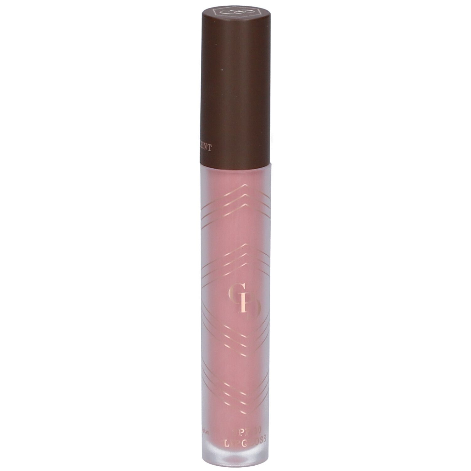 Lipgloss-Tube mit braunem Deckel. Rosa Inhalt. Geometrisches Muster auf dem Tube. Unten steht 3,1 ml.