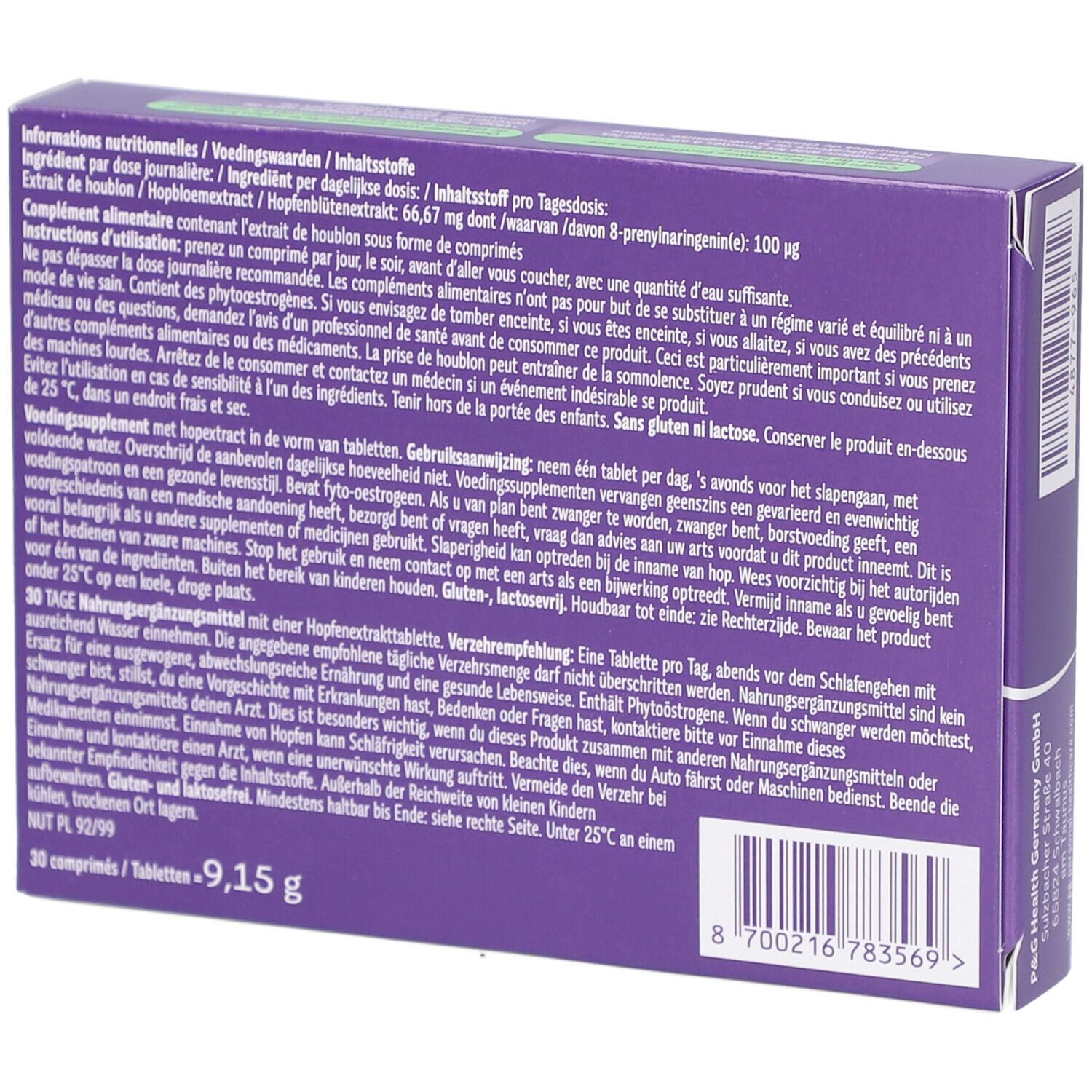 Rückseite der Omnibionta menopause Packung. Text in mehreren Sprachen. 30 Tabletten.