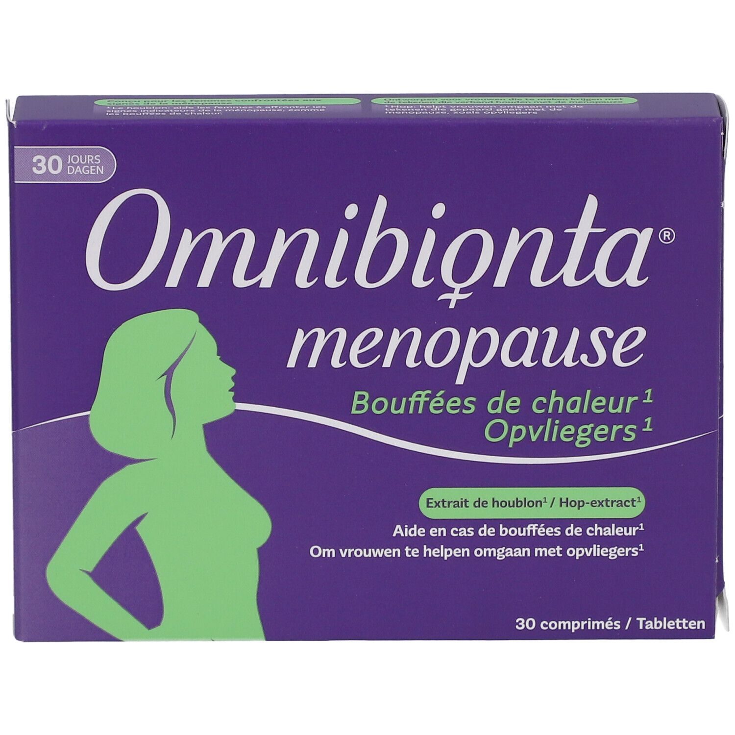 Omnibionta menopause Packung. Lila, mit Frau Silhouette. 30 Tabletten.