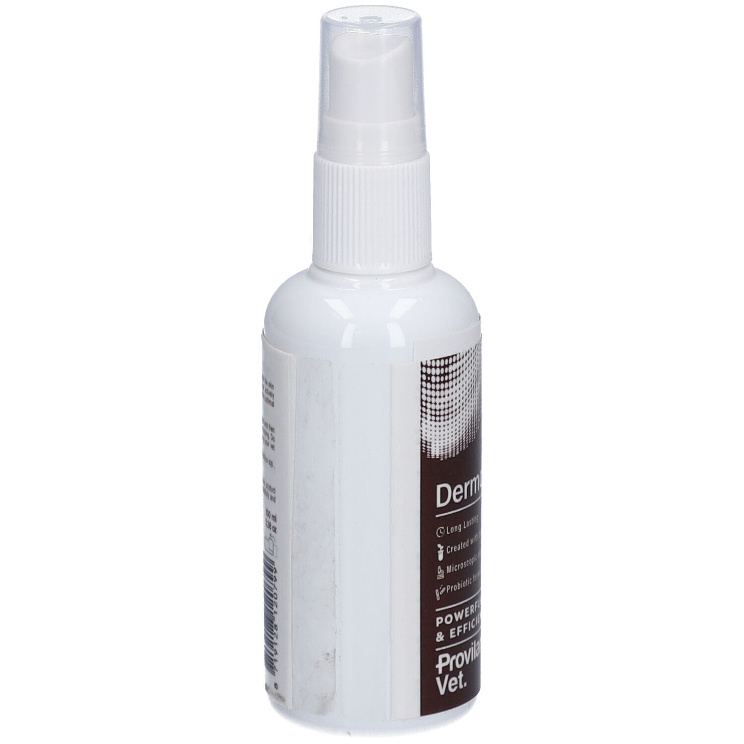 Weiße Sprühflasche mit braunen und schwarzen Akzenten. Aufschrift: Dermo care, Provilan Vet. Mit Sprühkopf.