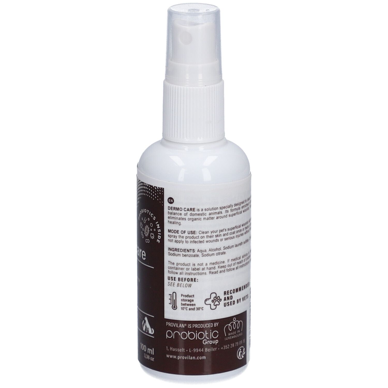 Weiße Sprühflasche mit braunen und schwarzen Akzenten. Aufschrift: Dermo care, Provilan Vet. Mit Sprühkopf.