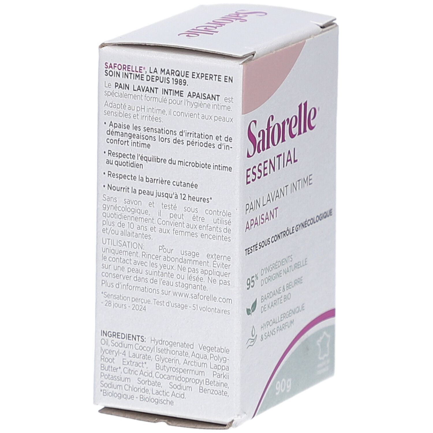Saforelle Essential Verpackung. Weißer Karton mit rosa Akzenten. Text: Pain Lavant Intime Apaisant, 90g, Inhaltsstoffe. Gynäkologisch getestet.