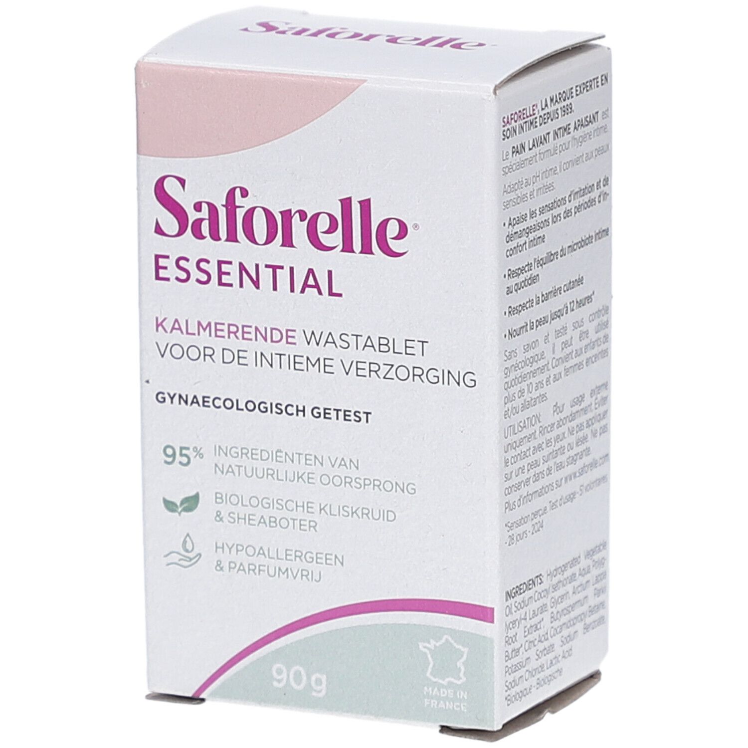 Saforelle Essential Verpackung. Weißer Karton mit rosa Akzenten. Text: Kalmerende Wastablet, 90g, 95% natürliche Inhaltsstoffe. Gynäkologisch getestet.