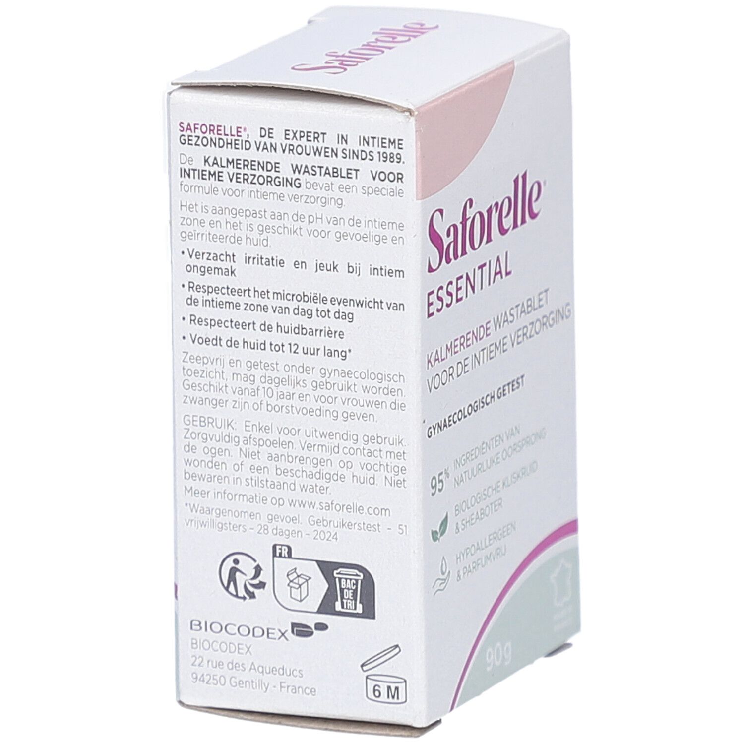 Saforelle Essential Verpackung. Weißer Karton mit rosa Akzenten. Text: Kalmerende Wastablet, 90g, 95% natürliche Inhaltsstoffe. Gynäkologisch getestet.