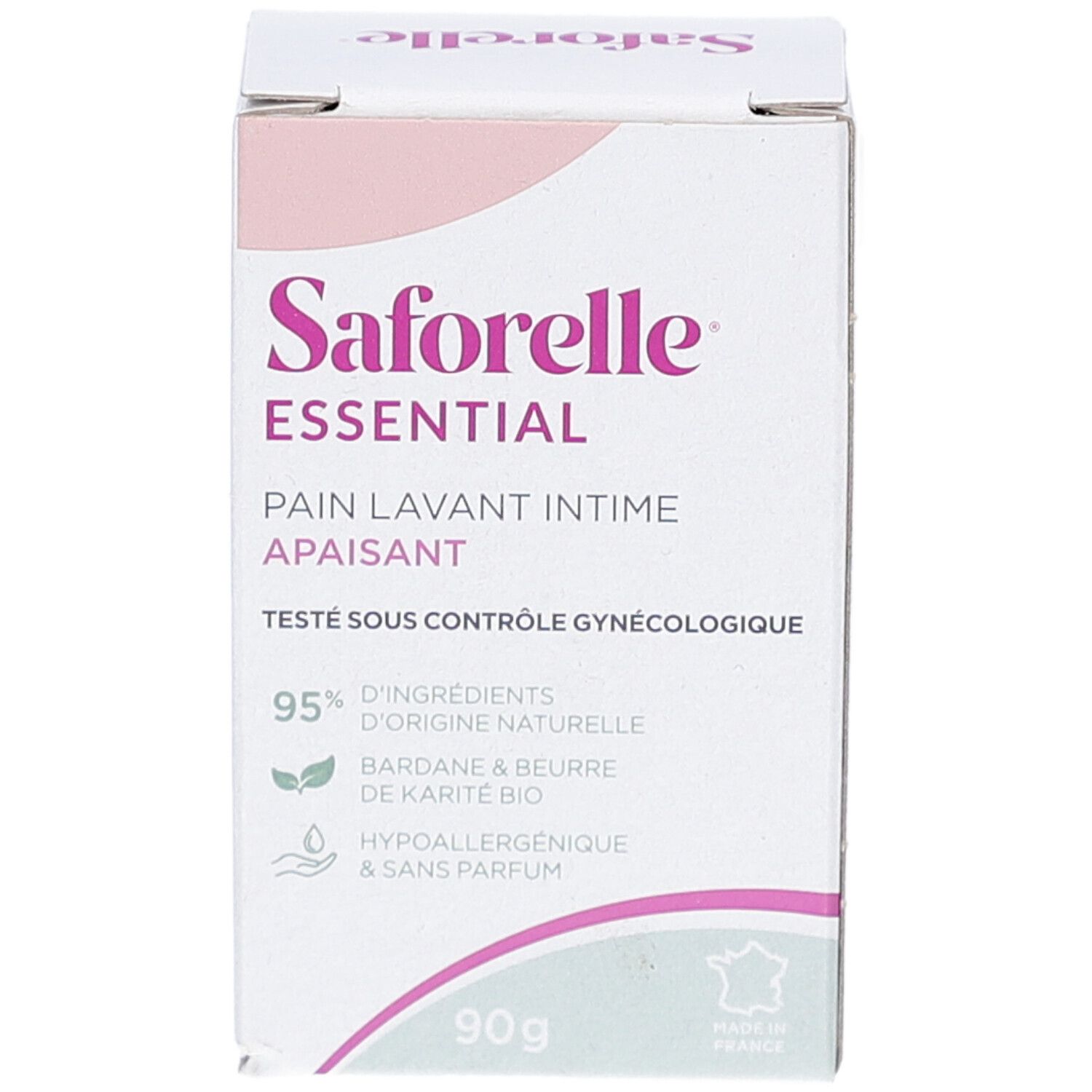 Saforelle Essential Verpackung. Weißer Karton mit rosa Akzenten. Text: Pain Lavant Intime Apaisant, 90g, 95% natürliche Inhaltsstoffe. Gynäkologisch getestet.
