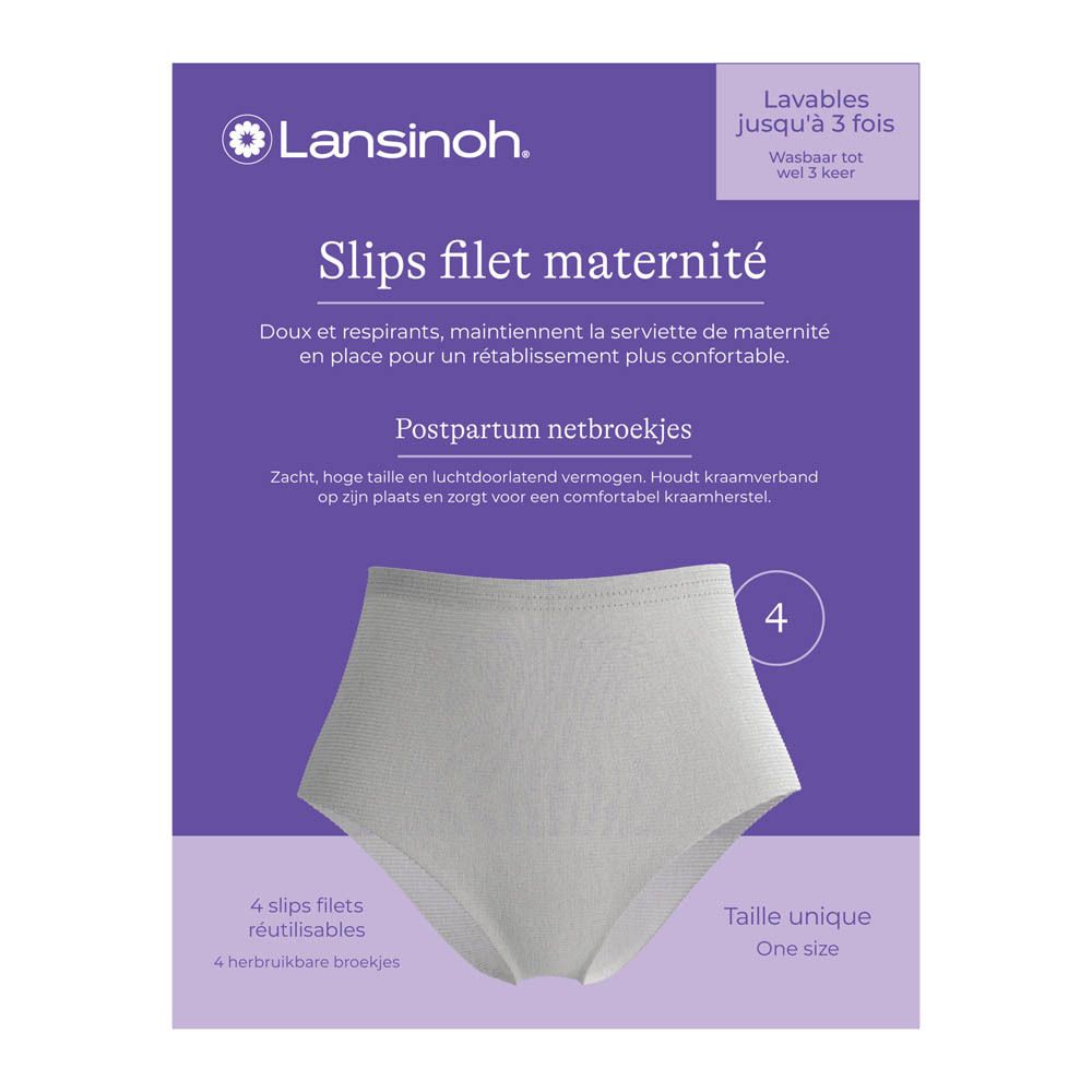 Paarse verpakking Lansinoh. Bevat 4 slips filet maternité. Wasbaar tot 3 keer. Nederlandse tekst.