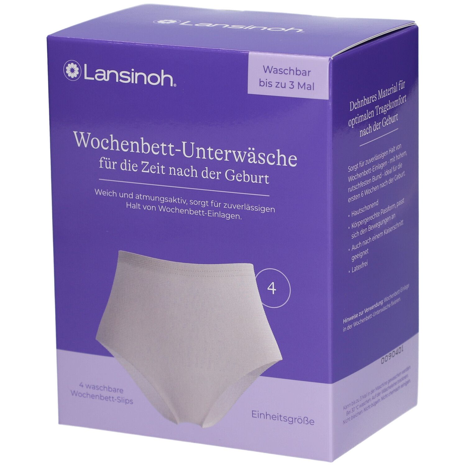 Lila Karton mit Lansinoh Logo. Enthält 4 waschbare Wochenbett-Slips. Einheitgröße. Waschbar bis zu 3 Mal.