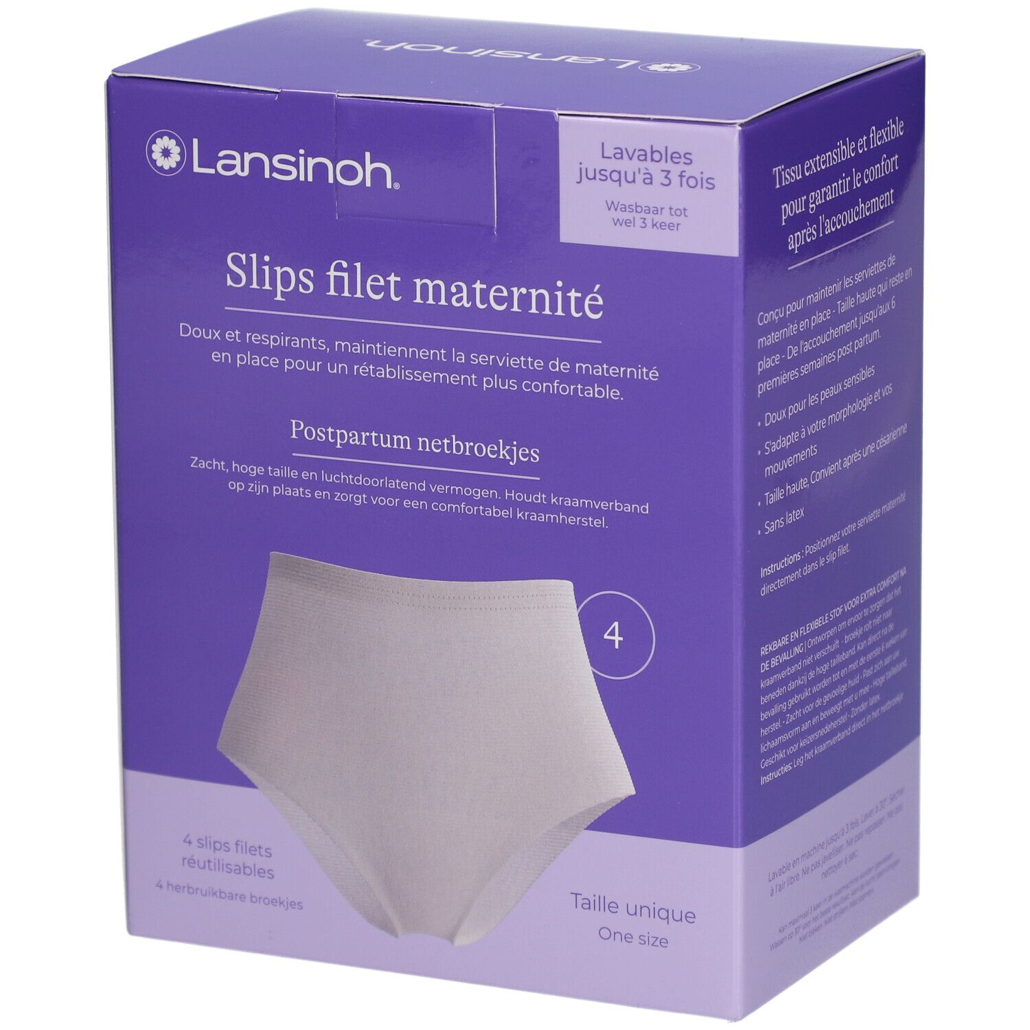 Lila Karton mit Lansinoh Logo. Enthält 4 Slips filet maternité. Waschbar bis zu 3 Mal. Text auf Niederländisch.